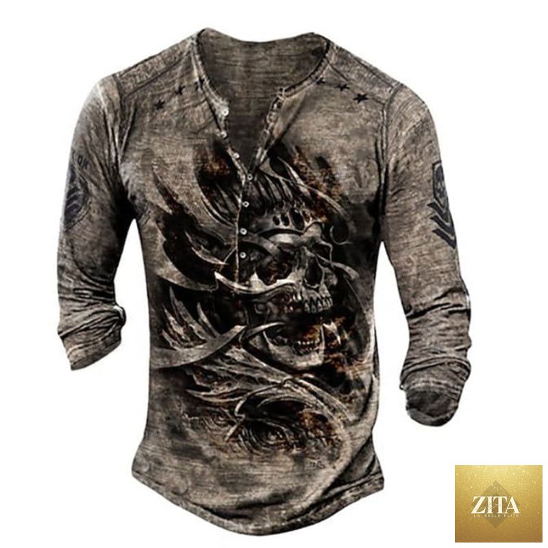 Men's long sleeve T-shirt with skull henley print by Zita La Belle Elite, featuring a dark fabric and graphic skull design.