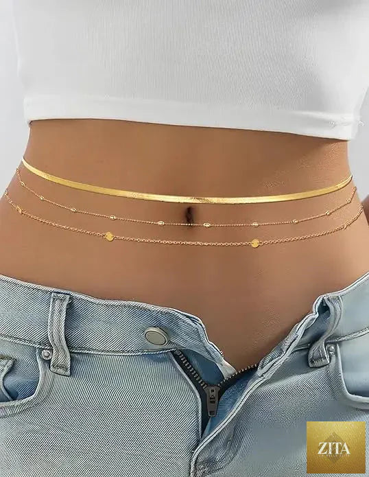 8-piece gold plated belly belt chains with beaded, sequin, and CZ coin accents, adjustable sexy bikini body jewelry from MANDOTOS.