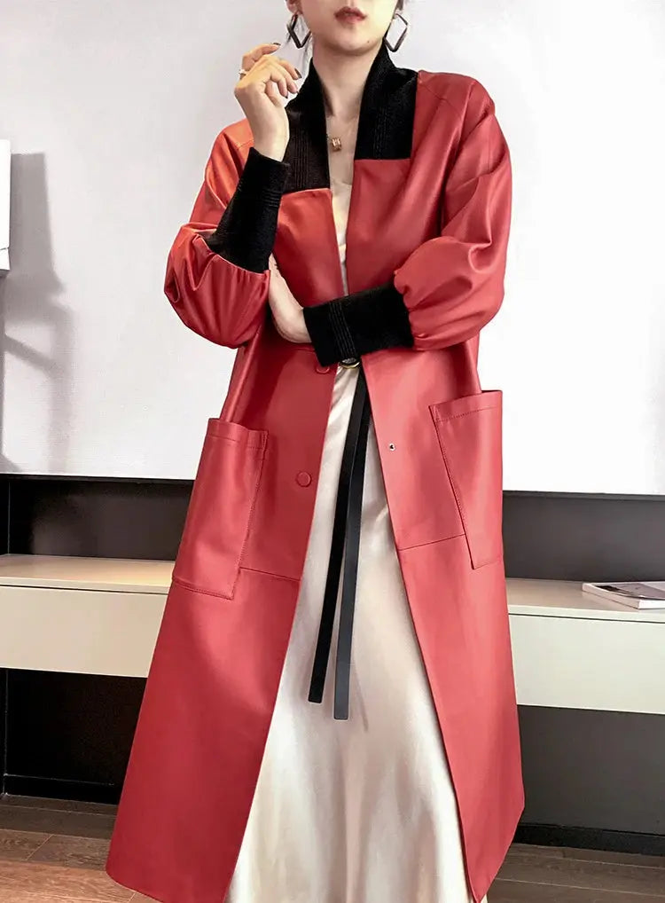 Nerazzurri Spring Autumn Loose Long Leather Trench Coat for Women with V Neck Raglan Sleeve Pockets Luxury Designer Clothes 2022 ZITA LA BELLE ÉLITE