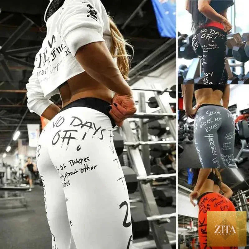 THRIXINE Oshoplive letter print yoga leggings with comfortable fit and stylish design, featuring bold letter patterns on stretchy fabric.