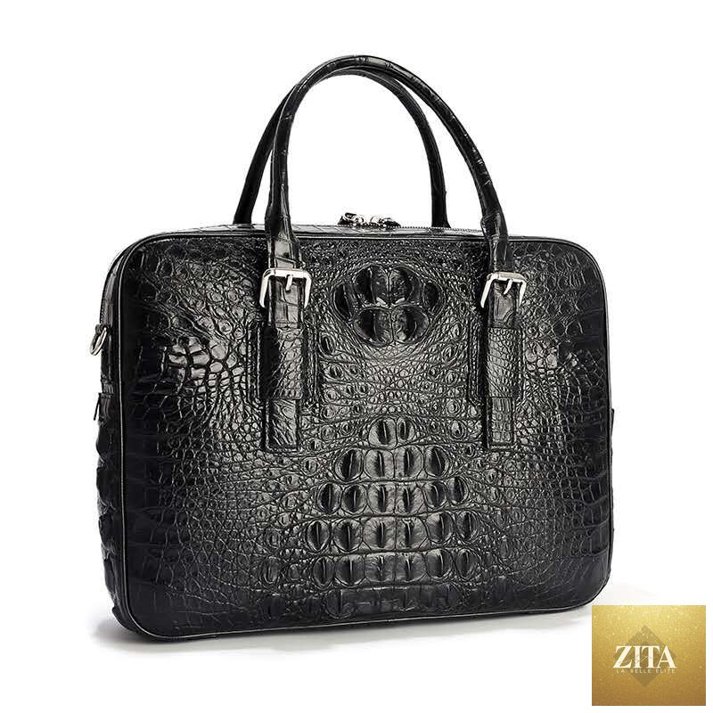 Black luxury men's laptop bag by donjohnbyvictoriacharles, crafted from genuine crocodile leather with a sleek messenger style.