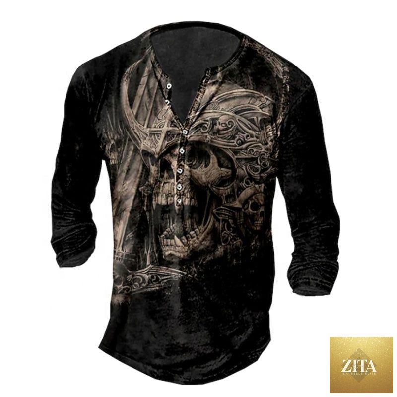 Men's long sleeve T-shirt with skull Henley print by Zita La Belle Elite, featuring a detailed skull design on the front.