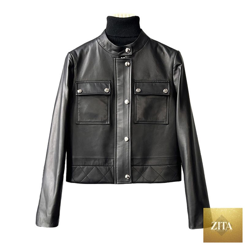 Women's black sheepskin leather jacket by Zita La Belle Elite, featuring a stylish and soft leather design with a classic fit.