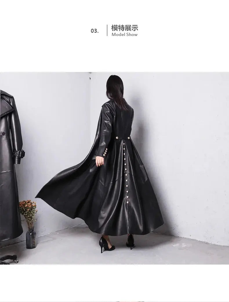 Lautaro Autumn Long Skirted Red Black Faux Leather Trench Coat for Women Double Breasted Elegant Luxury Fashion 4xl 5xl 6xl 7xl ZITA LA BELLE ÉLITE