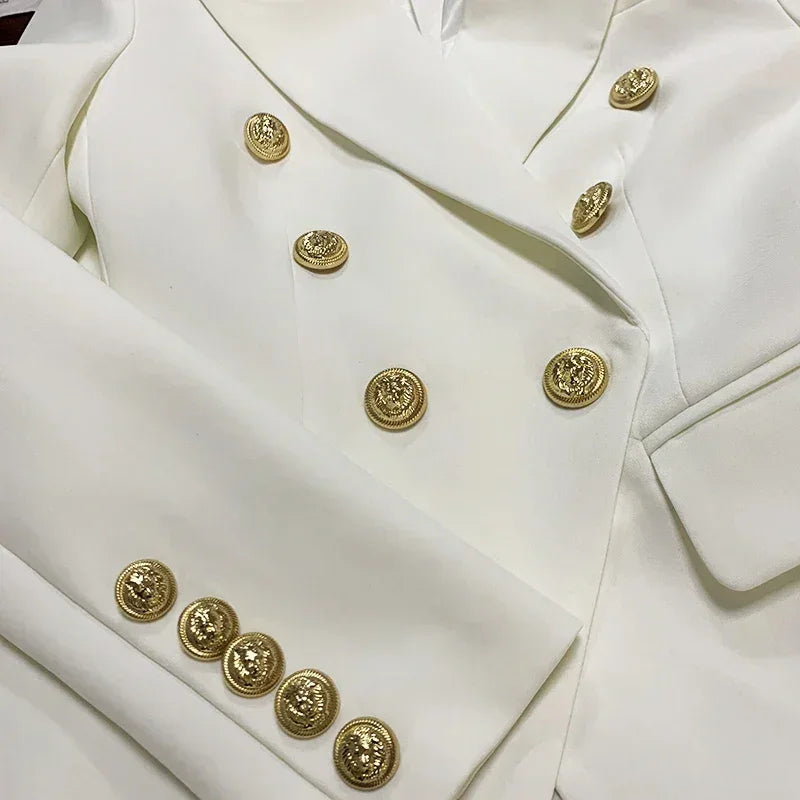 Women's leather blazer by Femstylo featuring double-breasted design with metal lion buttons, available in size S to 5XL.