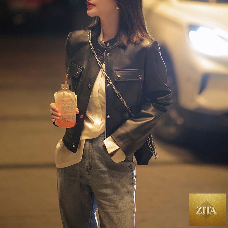 Black sheepskin leather jacket for women by Zita La Belle Elite, showcasing sleek design and soft leather material.