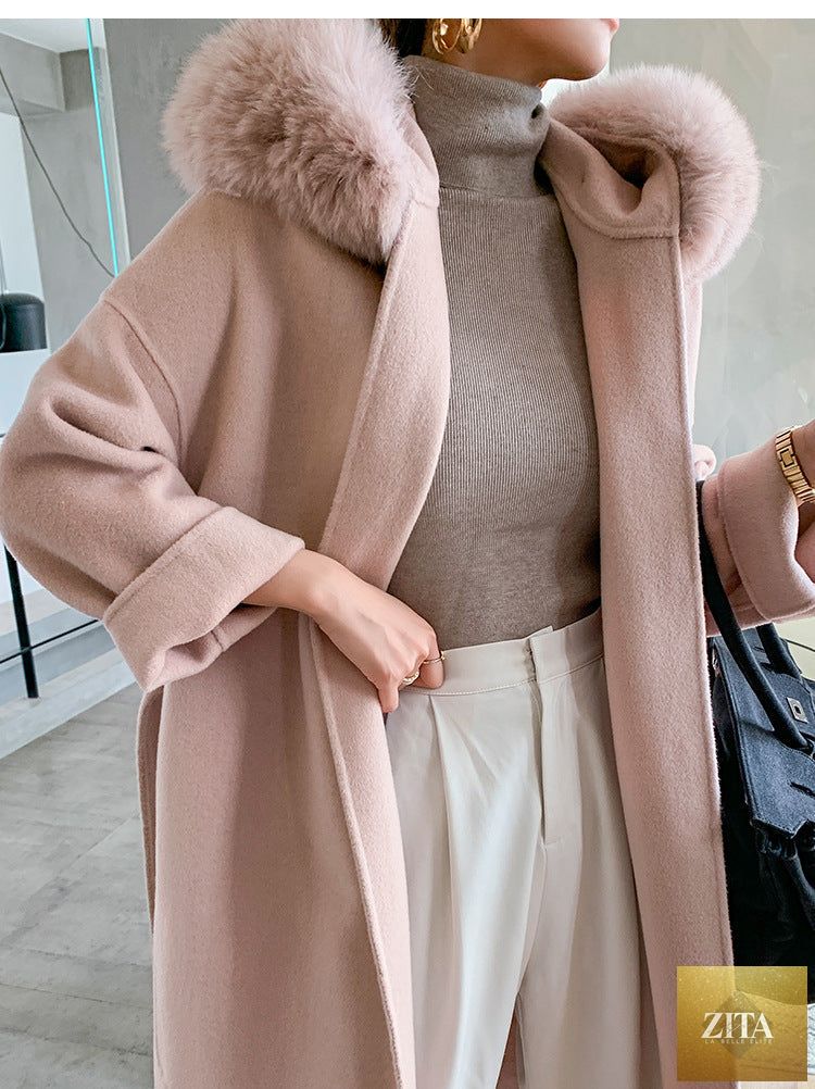 Women's cashmere coat with a luxurious fox fur collar by Zita La Belle Elite, showcasing soft fabric and elegant design.