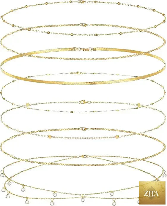 8-piece gold plated belly chain set with beaded, sequin, and CZ coin accents, adjustable sexy bikini body jewelry by MANDOTOS.