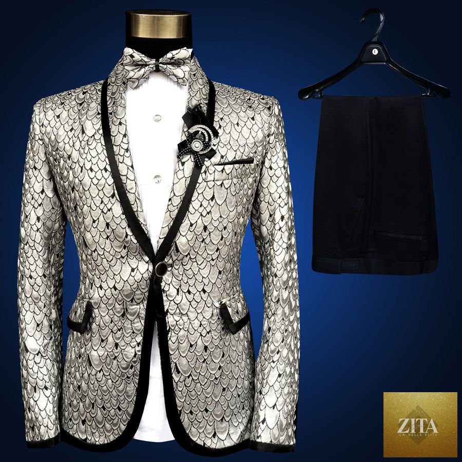 Blue embroidered slim fit blazer from donjohnbyvictoriacharles, part of a men's 4-piece suit set, shown with tailored details.