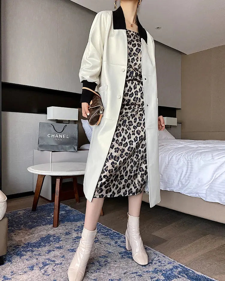 Nerazzurri Spring Autumn Loose Long Leather Trench Coat for Women with V Neck Raglan Sleeve Pockets Luxury Designer Clothes 2022 ZITA LA BELLE ÉLITE