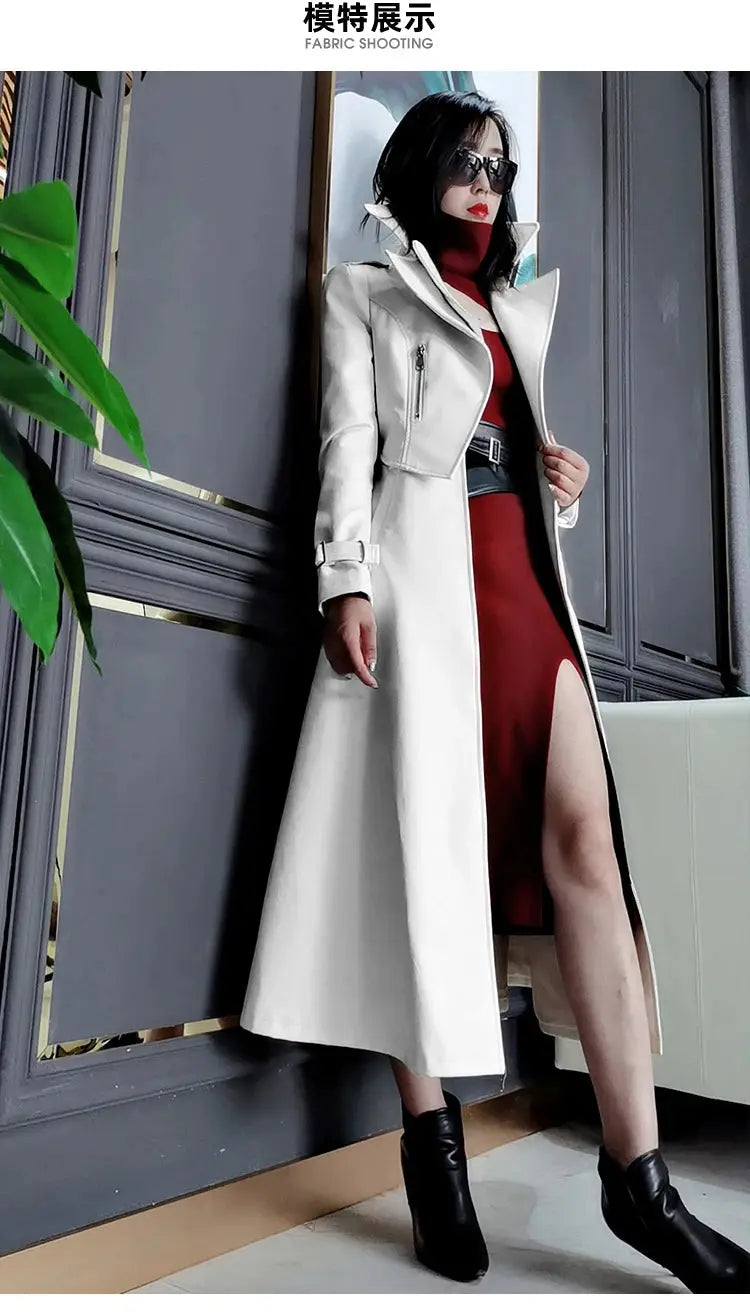 Nerazzurri Spring Runway White Long Leather Trench Coat for Women Long Sleeve Elegant Luxury fashion Womens Coats 2021 Designer ZITA LA BELLE ÉLITE