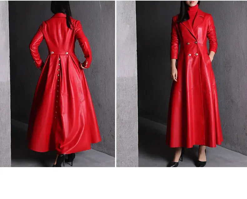 Lautaro Autumn Long Skirted Red Black Faux Leather Trench Coat for Women Double Breasted Elegant Luxury Fashion 4xl 5xl 6xl 7xl ZITA LA BELLE ÉLITE