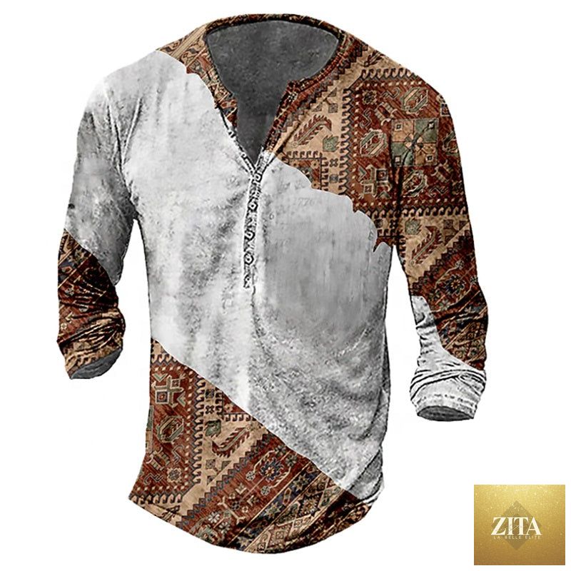 Men's long sleeve T-shirt with skull Henley print by Zita La Belle Elite, showing dark fabric and detailed skull graphic.
