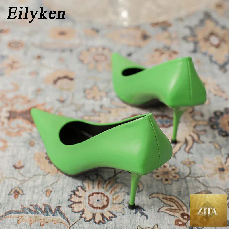 Green high heels pumps for women with pointed toes, slip-on design, elegant style, suitable for prom, wedding, or special occasions.