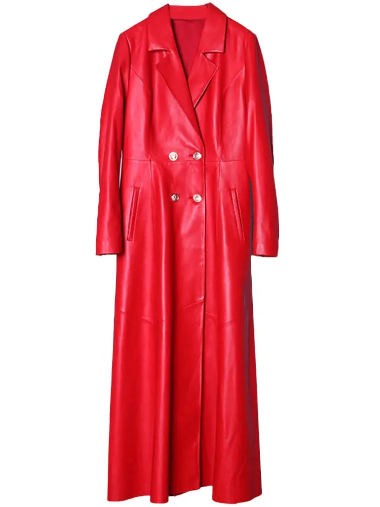Lautaro Autumn Long Skirted Red Black Faux Leather Trench Coat for Women Double Breasted Elegant Luxury Fashion 4xl 5xl 6xl 7xl ZITA LA BELLE ÉLITE
