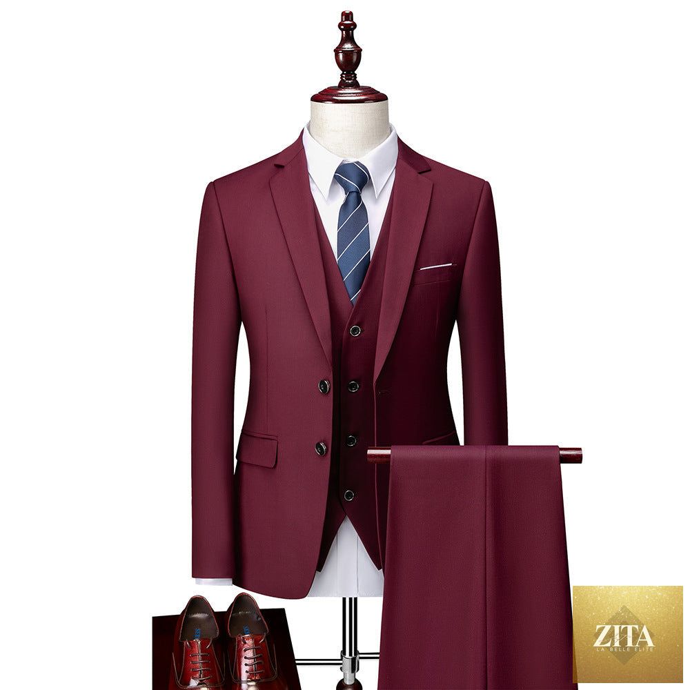 Zita La Belle Elite men's 3-piece suit with jacket, pants, and vest, formal business attire, black fabric, tailored fit