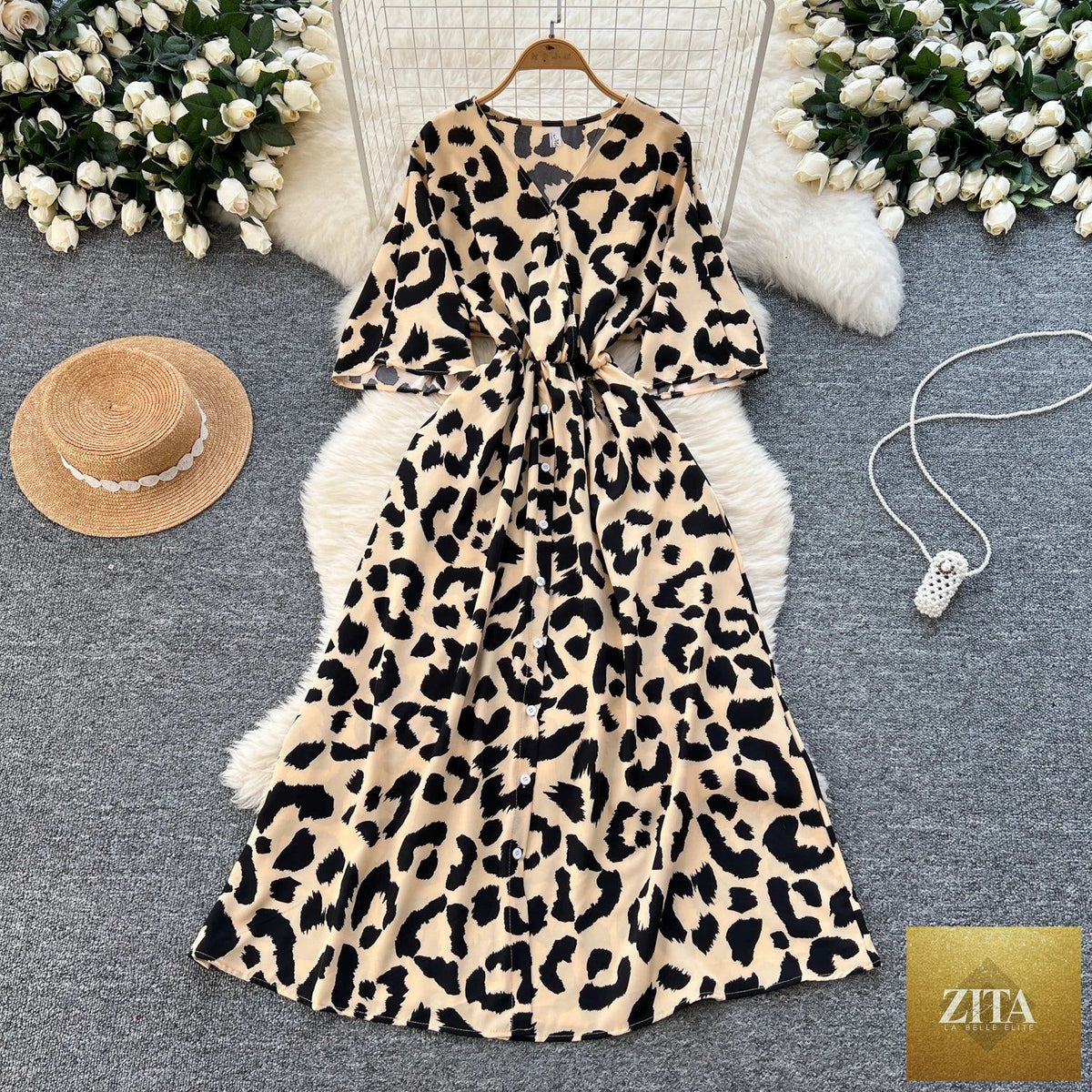 Women V-neck tunic slim casual midi dress in soft fabric, featuring a relaxed fit and stylish design from Trendy Attic Store01.