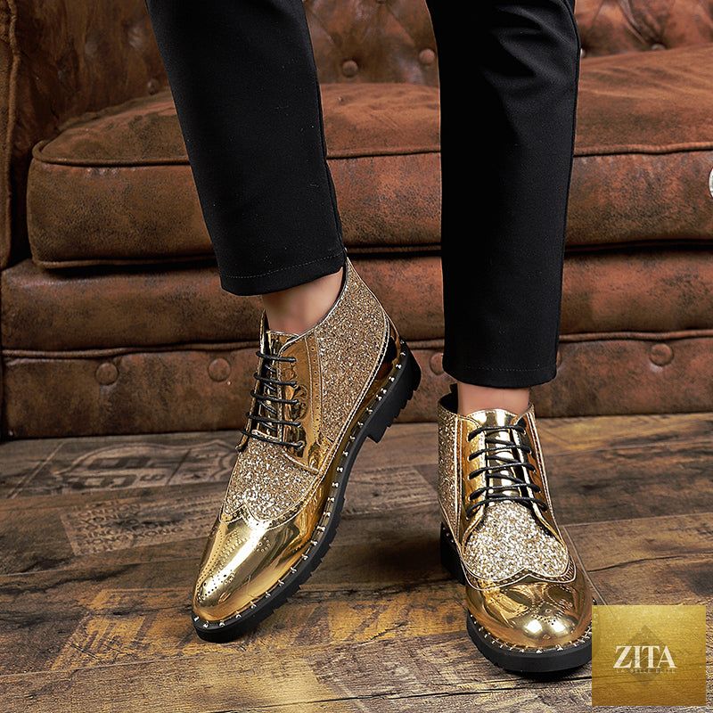 Men's gold wedding dress shoes by DonjohnbyVictoriaCharles, stylish and elegant formal footwear for special occasions.
