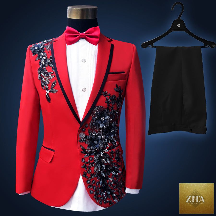 Blue embroidered slim fit men's blazer from donjohnbyvictoriacharles, part of a 4-piece suit set, shown on a hanger.