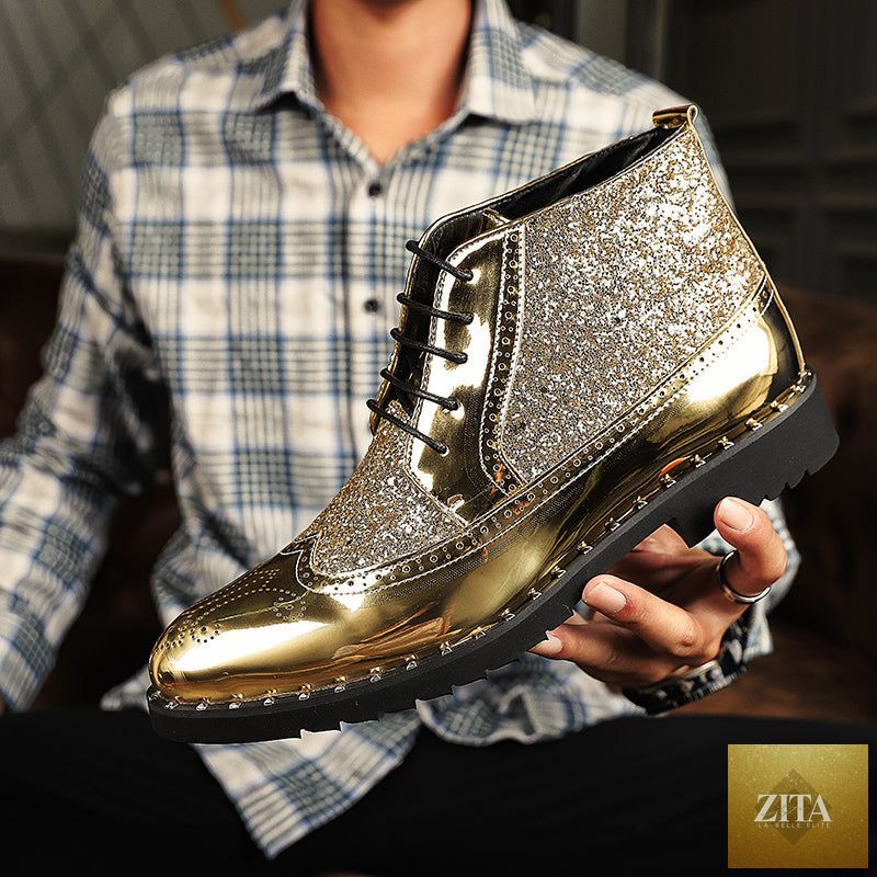 Men's gold wedding dress shoes by donjohnbyvictoriacharles, elegant and stylish wedding boots with a shiny gold finish.