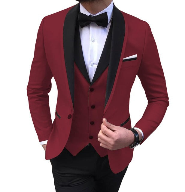 Slim fit men's wedding suit set with jacket, trousers, and vest by donjohnbyvictoriacharles, shown on a hanger.