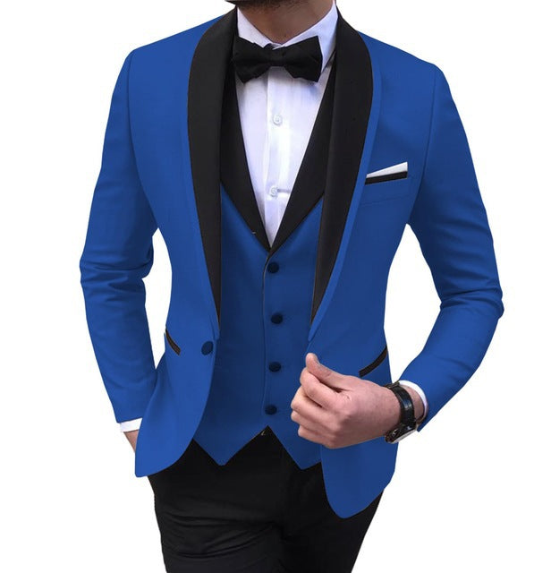 Slim fit men's suit set with jacket, trousers, and vest from donjohnbyvictoriacharles, ideal for formal weddings.