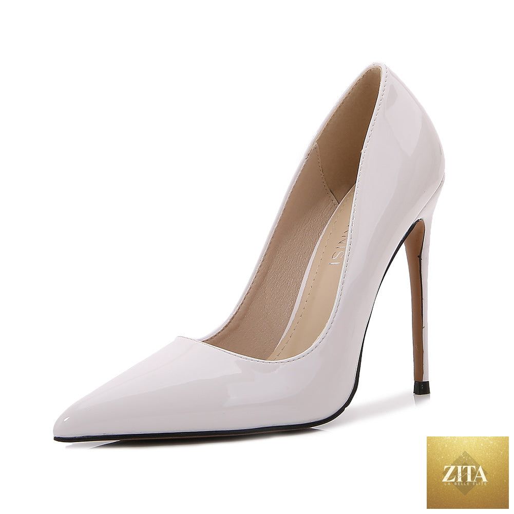 Elegant black patent leather pointed stiletto high heels for women by DonjohnbyVictoriaCharles, showcasing sleek design and glossy finish.