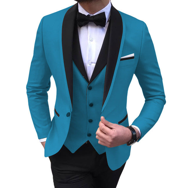 Slim fit men's wedding suit set by donjohnbyvictoriacharles, includes jacket, trousers, and vest in a classic formal style.