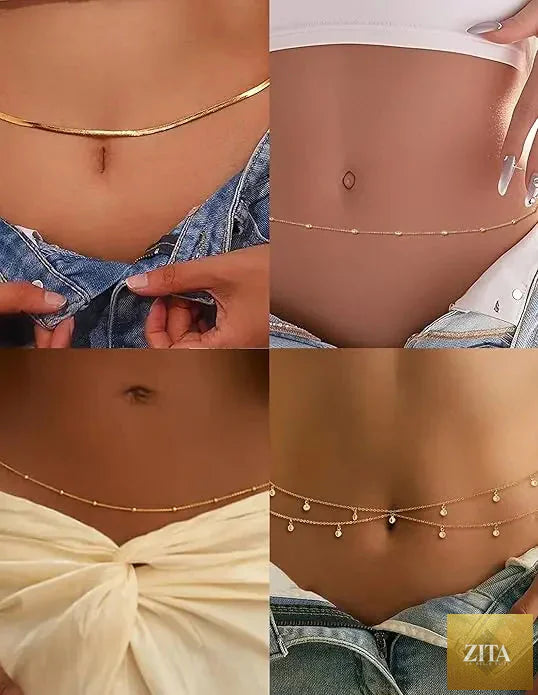 8-piece gold plated belly belt chains with beaded sequin and CZ coin accents, adjustable body jewelry from MANDOTOS.