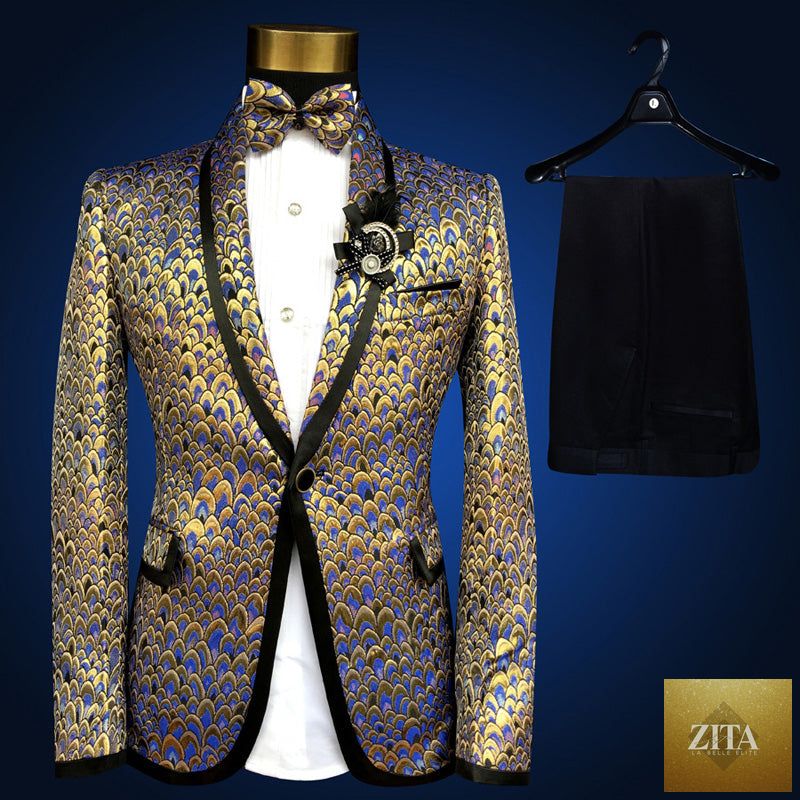 Blue embroidered slim fit blazer from donjohnbyvictoriacharles, part of a men's 4-piece suit, shown with tailored lapel and structured fit.