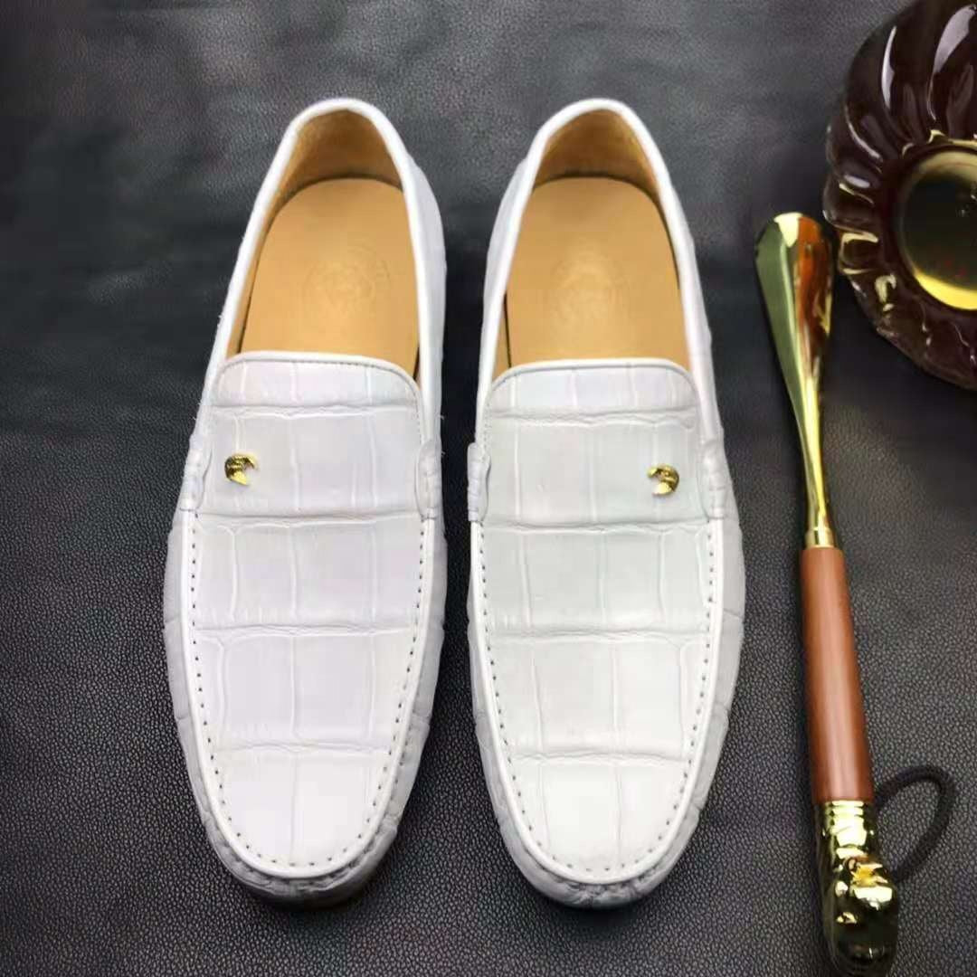 White crocodile leather loafers by Don John, handmade men's dress shoes with a sleek, polished finish and classic design.