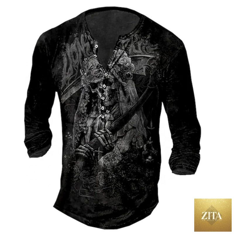 Men's long sleeve T-shirt with skull henley print by Zita La Belle Elite, featuring a dark skull design on black fabric.