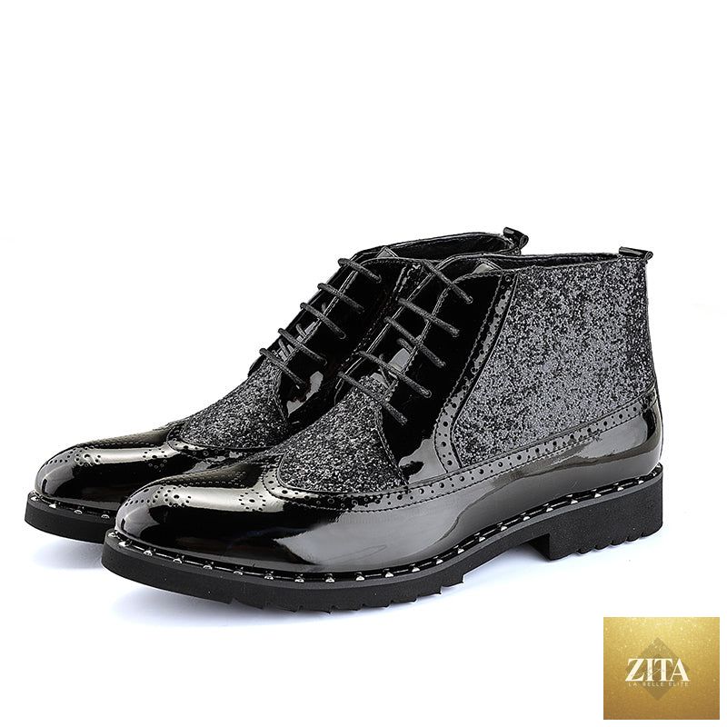 Men's gold wedding dress shoes by DonJohnByVictoriaCharles, stylish formal boots perfect for wedding attire.