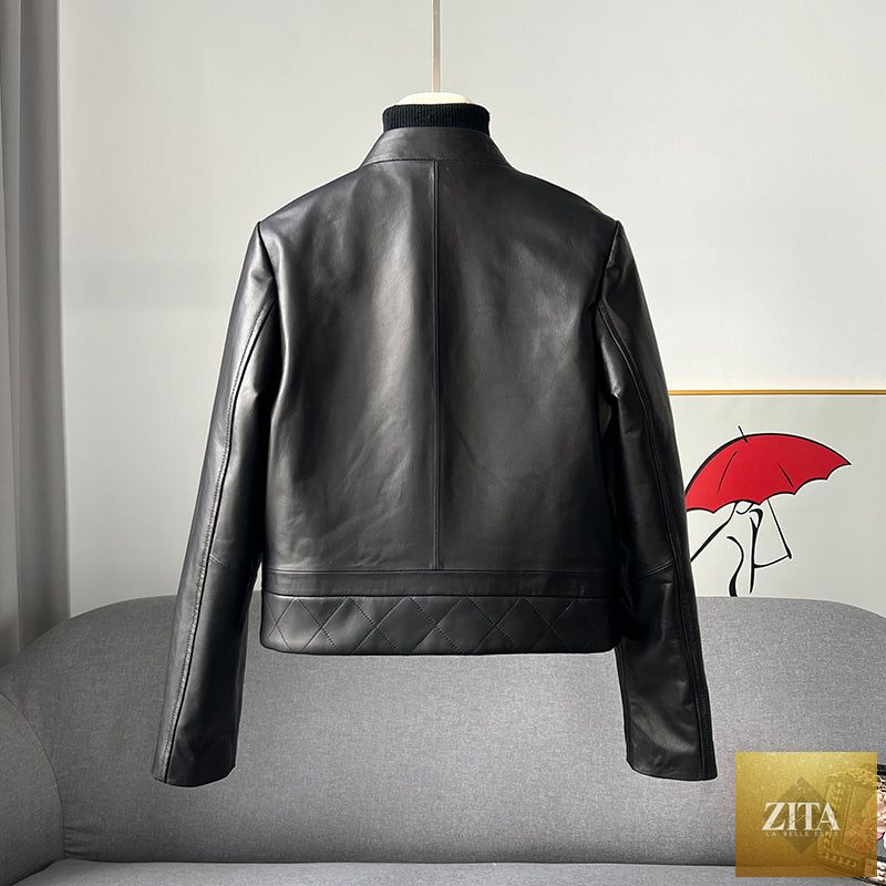 Black sheepskin leather jacket for women by Zita La Belle Elite, featuring a stylish fitted design and smooth leather texture.