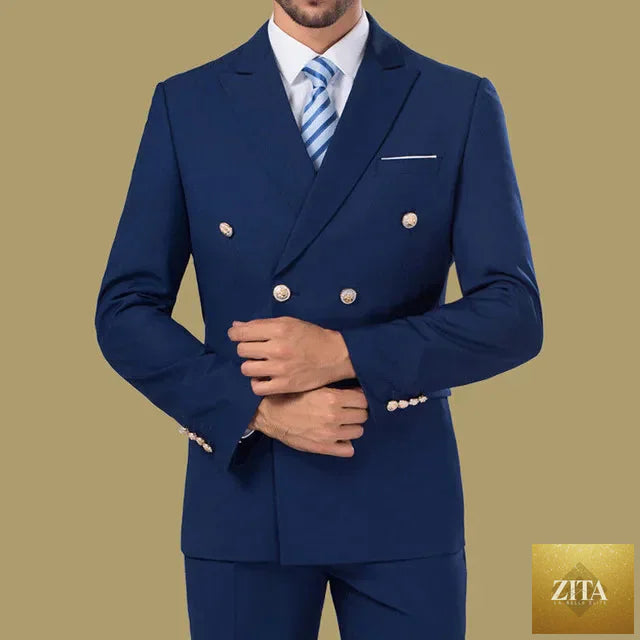 Men's double-breasted business suit with peaked lapels, two-piece tuxedo jacket and pants, custom-made for formal occasions.