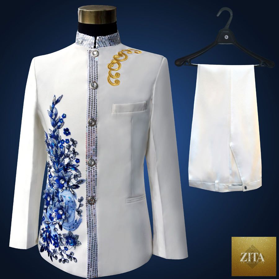 Blue embroidered slim fit blazer from donjohnbyvictoriacharles, part of a men's 4-piece suit with tailored cut and detailed embroidery.