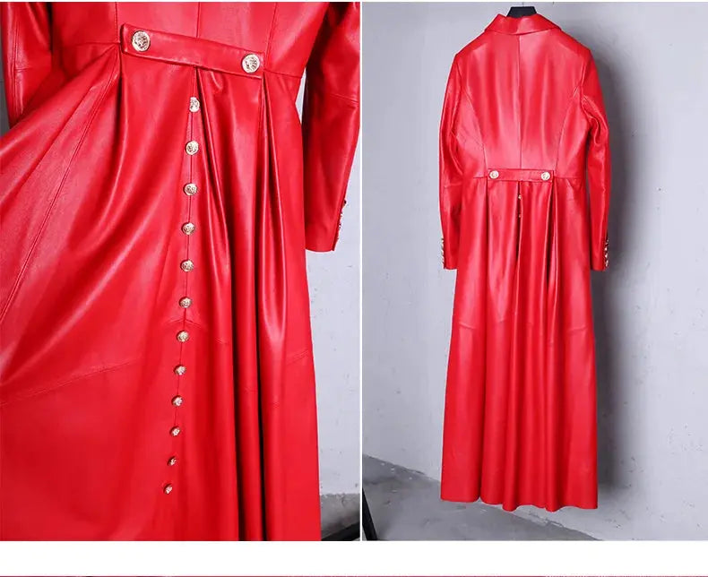 Lautaro Autumn Long Skirted Red Black Faux Leather Trench Coat for Women Double Breasted Elegant Luxury Fashion 4xl 5xl 6xl 7xl ZITA LA BELLE ÉLITE