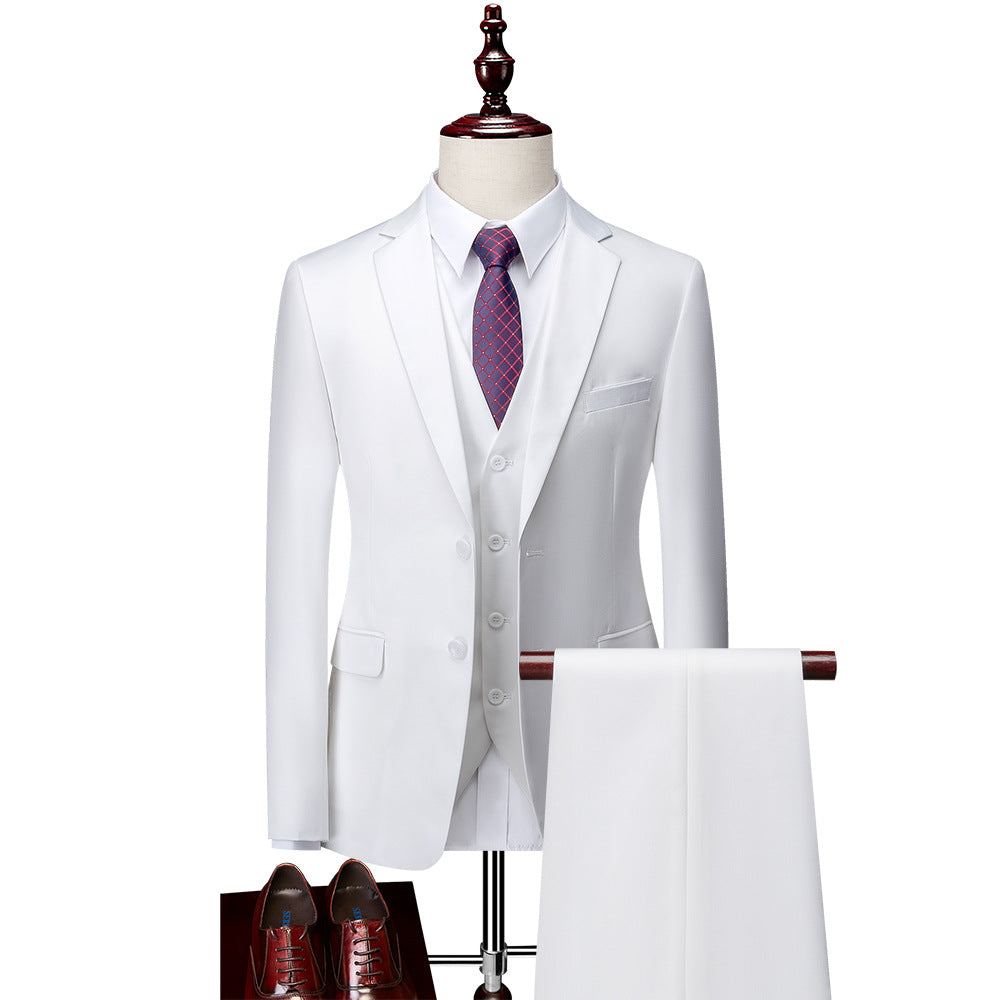 Men's 3-piece suit with jacket, pants, and vest by donjohnbyvictoriacharles, formal business attire displayed on a hanger.