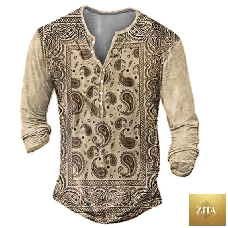 Men's long sleeve T-shirt with skull henley print by Zita La Belle Elite, featuring a dark fabric with skull graphic design.