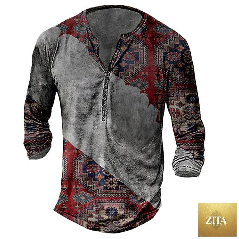 Men's long sleeve T-shirt with skull Henley print by Zita La Belle Elite, featuring a detailed skull design on black fabric.