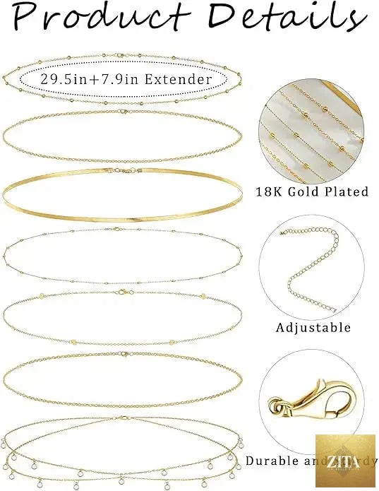 8-piece gold plated belly chain set with beaded sequin and CZ coin accents, adjustable body jewelry by MANDOTOS.