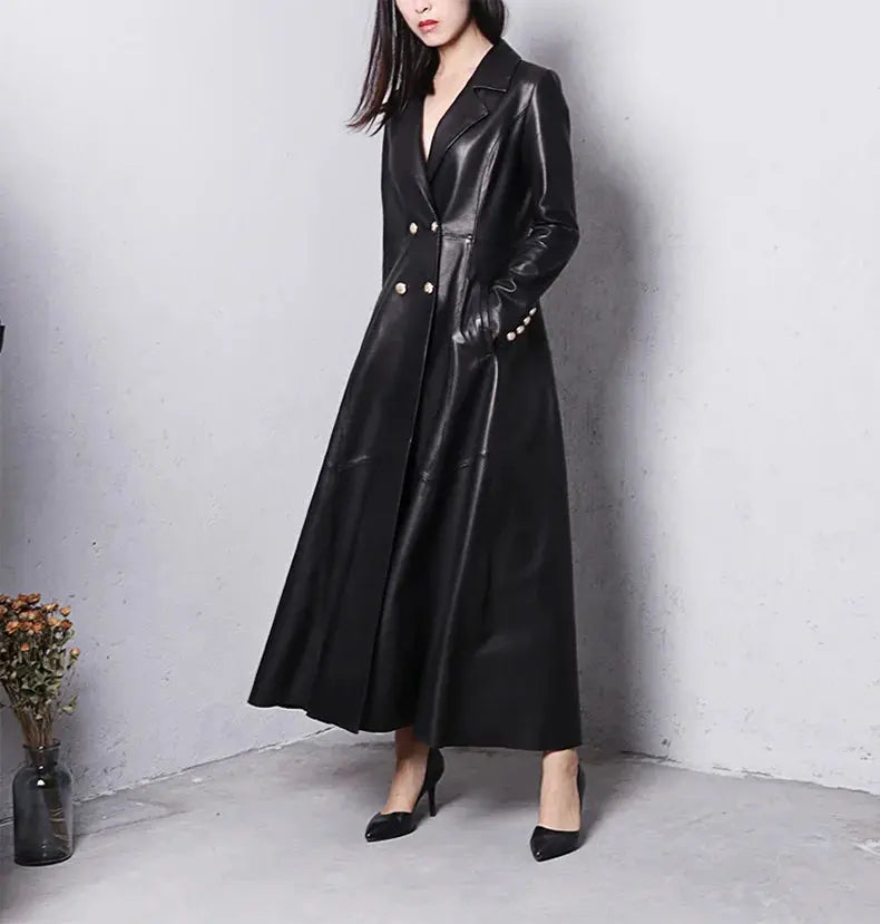 Lautaro Autumn Long Skirted Red Black Faux Leather Trench Coat for Women Double Breasted Elegant Luxury Fashion 4xl 5xl 6xl 7xl ZITA LA BELLE ÉLITE