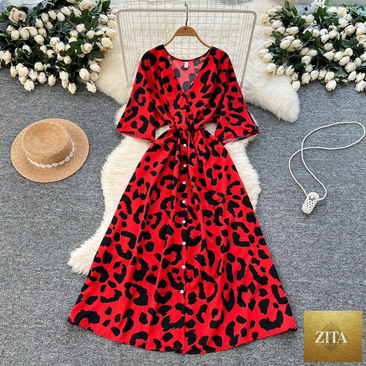 V-neck slim casual midi dress for women, stylish and comfortable, featuring a flattering fit and versatile design by Trendy Attic Store01.