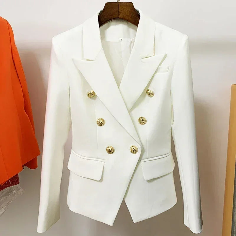 Women's leather blazer by Femstylo featuring double-breasted design with metal lion buttons, available in sizes S to 5XL.