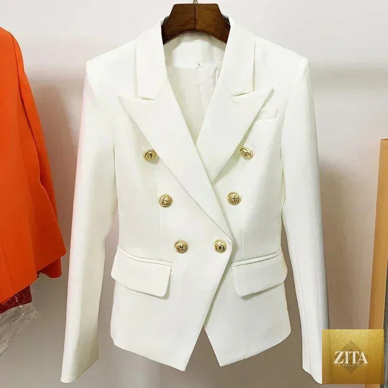 Women's leather blazer by Femstylo featuring double-breasted design with metal lion buttons, available in sizes S to 5XL.