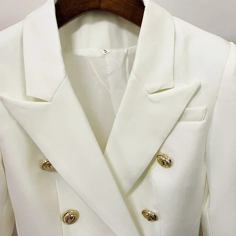 Feminine black leather blazer by Femstylo with double-breasted design, metal lion buttons, tailored fit, size S to 5XL.