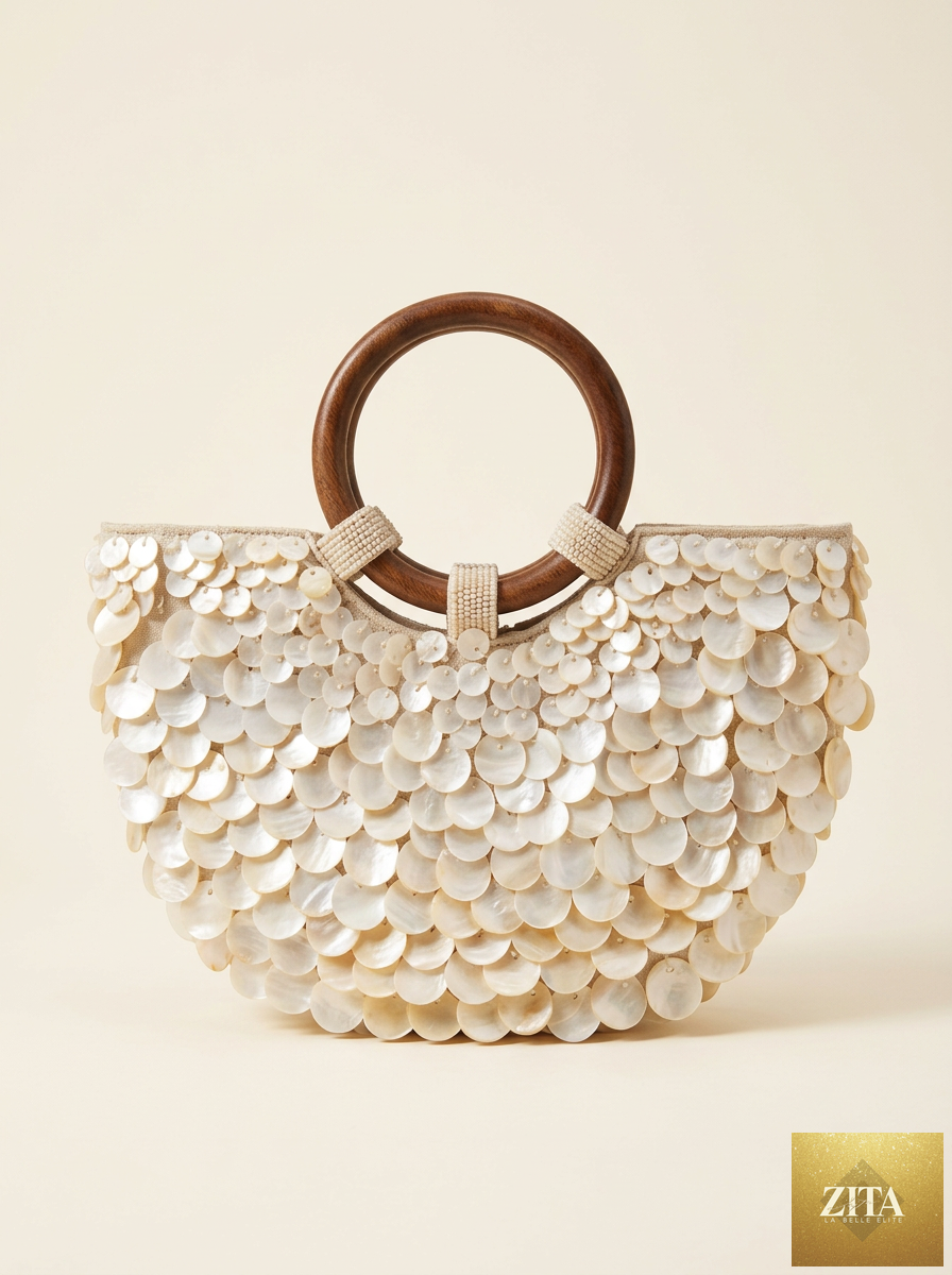 Handmade shell tote bag with wooden handle featuring pearl shell accents, crafted by LINTICO for stylish carry.