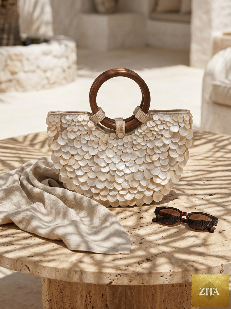 Handmade shell tote bag with wooden handle featuring pearl shell accents, crafted by LINTICO for a stylish, natural look.