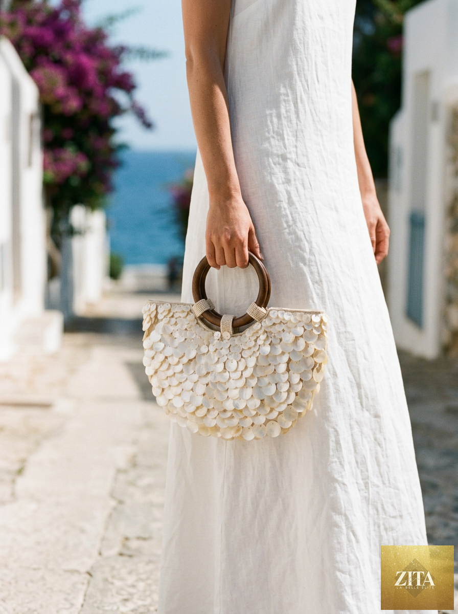 Handmade shell tote bag with wooden handle and pearl accents, crafted by LINTICO for a stylish, natural look.