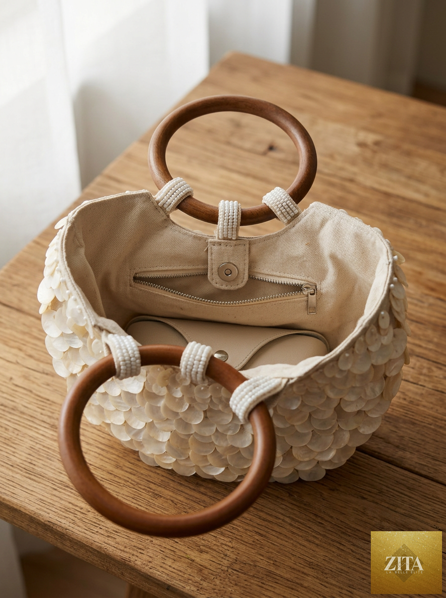 Handmade shell tote bag with pearl accents and wooden handle, stylish LINTICO bag for casual or beach wear.